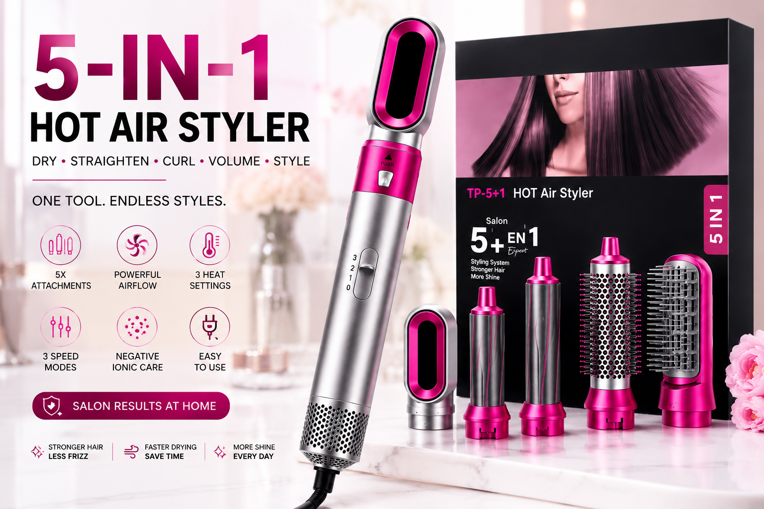 5 in 1 Hot Air Styler Blow Dryer Brush, Automatic Hair Curler, Hair Straightener, Negative Ionic Hair Dryer Brush with 5 Attachments for Styling & Volumizing