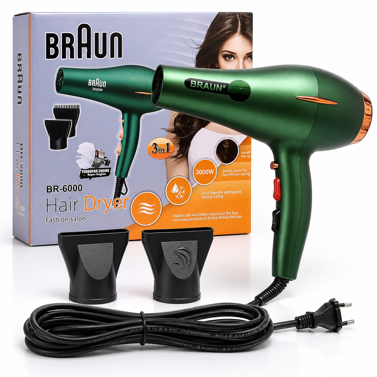BRAUN BR-6000 3000W Professional Hair Dryer – 3-in-1 Styling Kit