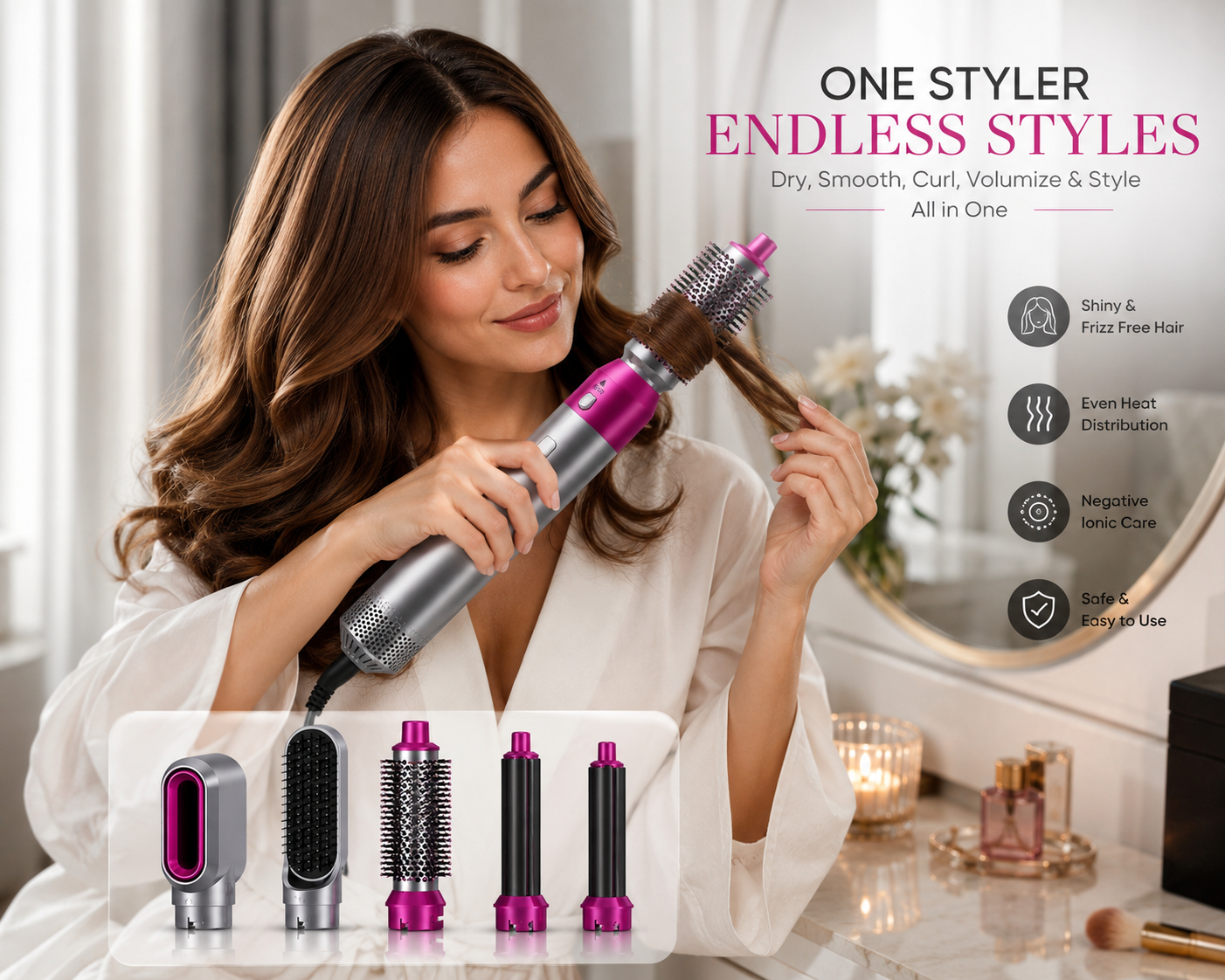 5 in 1 Hot Air Styler Blow Dryer Brush, Automatic Hair Curler, Hair Straightener, Negative Ionic Hair Dryer Brush with 5 Attachments for Styling & Volumizing