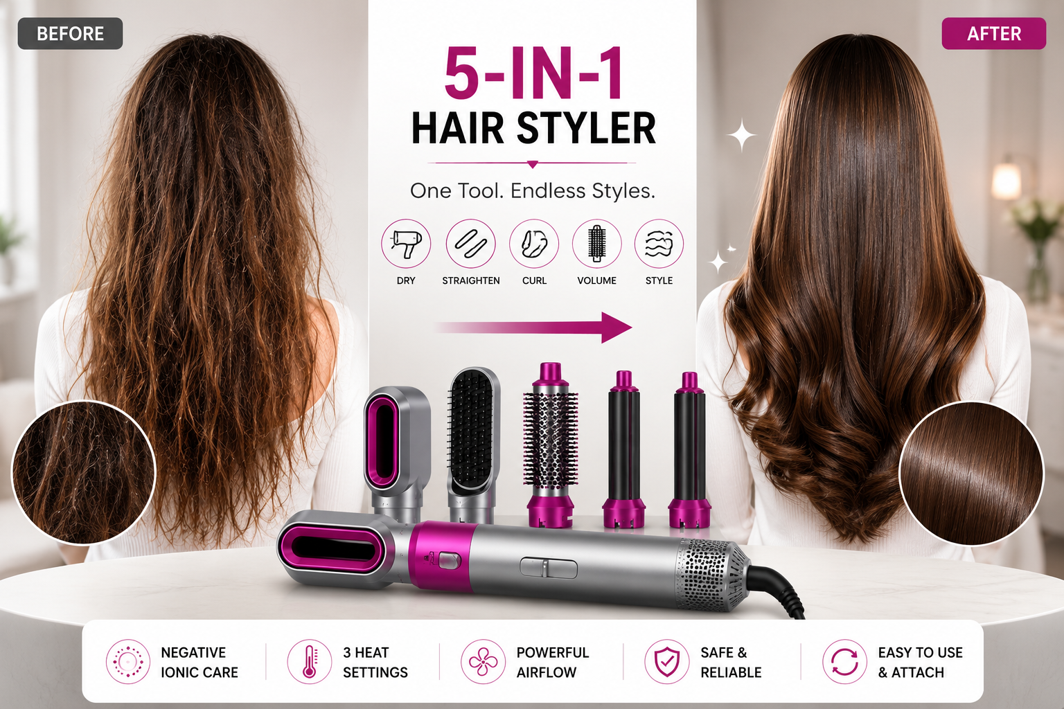 5 in 1 Hot Air Styler Blow Dryer Brush, Automatic Hair Curler, Hair Straightener, Negative Ionic Hair Dryer Brush with 5 Attachments for Styling & Volumizing