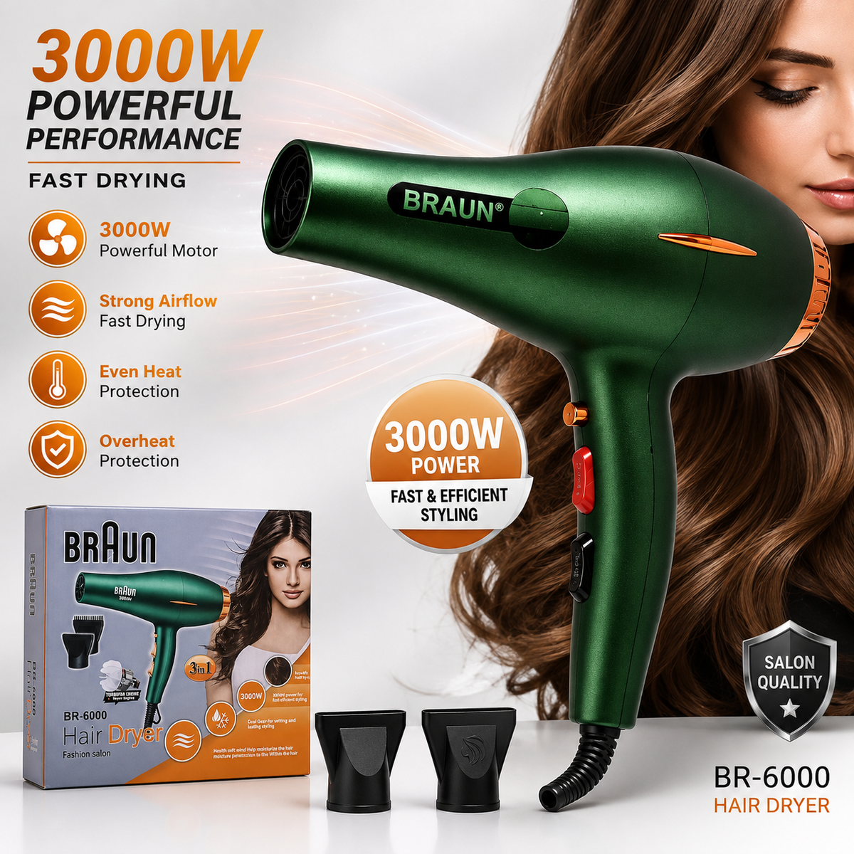 BRAUN BR-6000 3000W Professional Hair Dryer – 3-in-1 Styling Kit
