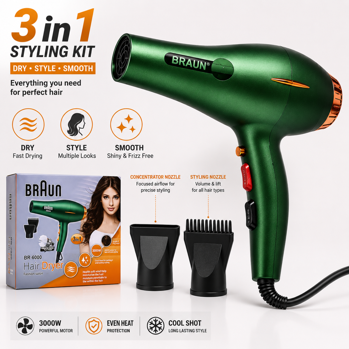 BRAUN BR-6000 3000W Professional Hair Dryer – 3-in-1 Styling Kit