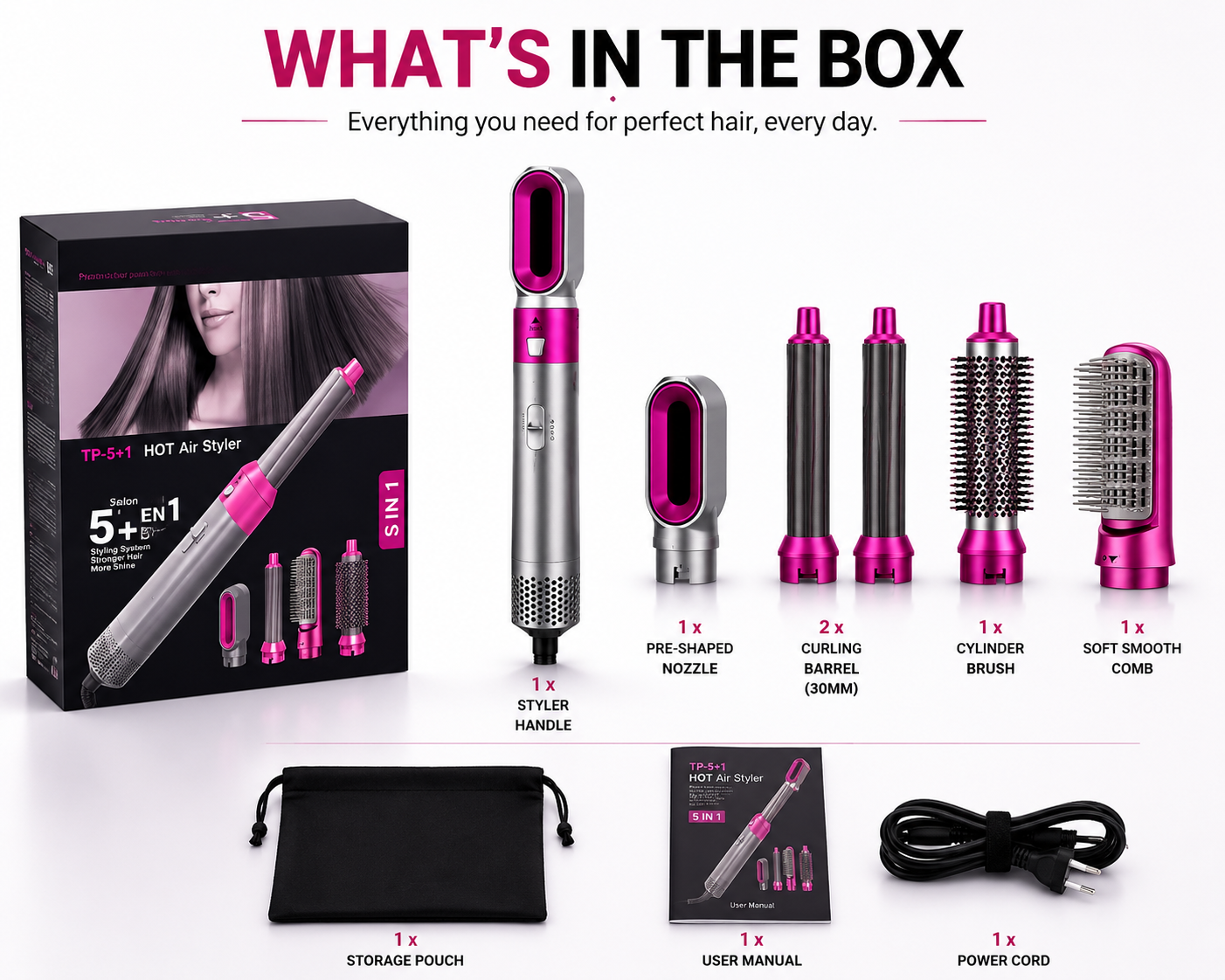 5 in 1 Hot Air Styler Blow Dryer Brush, Automatic Hair Curler, Hair Straightener, Negative Ionic Hair Dryer Brush with 5 Attachments for Styling & Volumizing