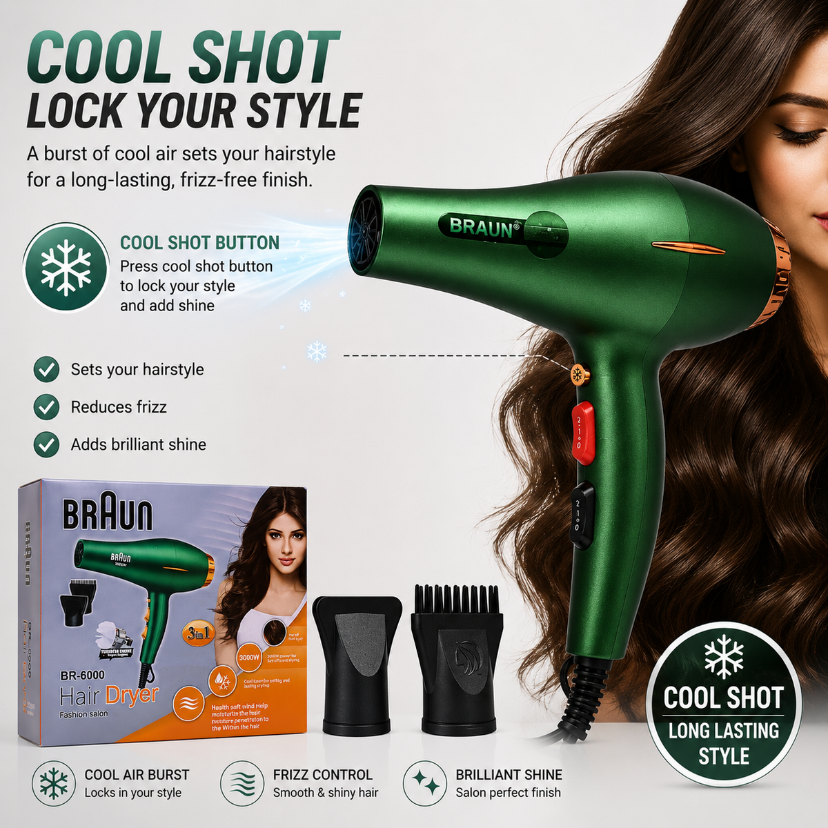 BRAUN BR-6000 3000W Professional Hair Dryer – 3-in-1 Styling Kit