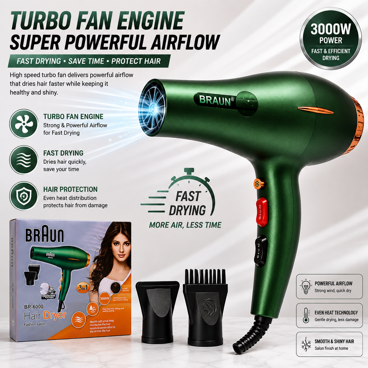 BRAUN BR-6000 3000W Professional Hair Dryer – 3-in-1 Styling Kit