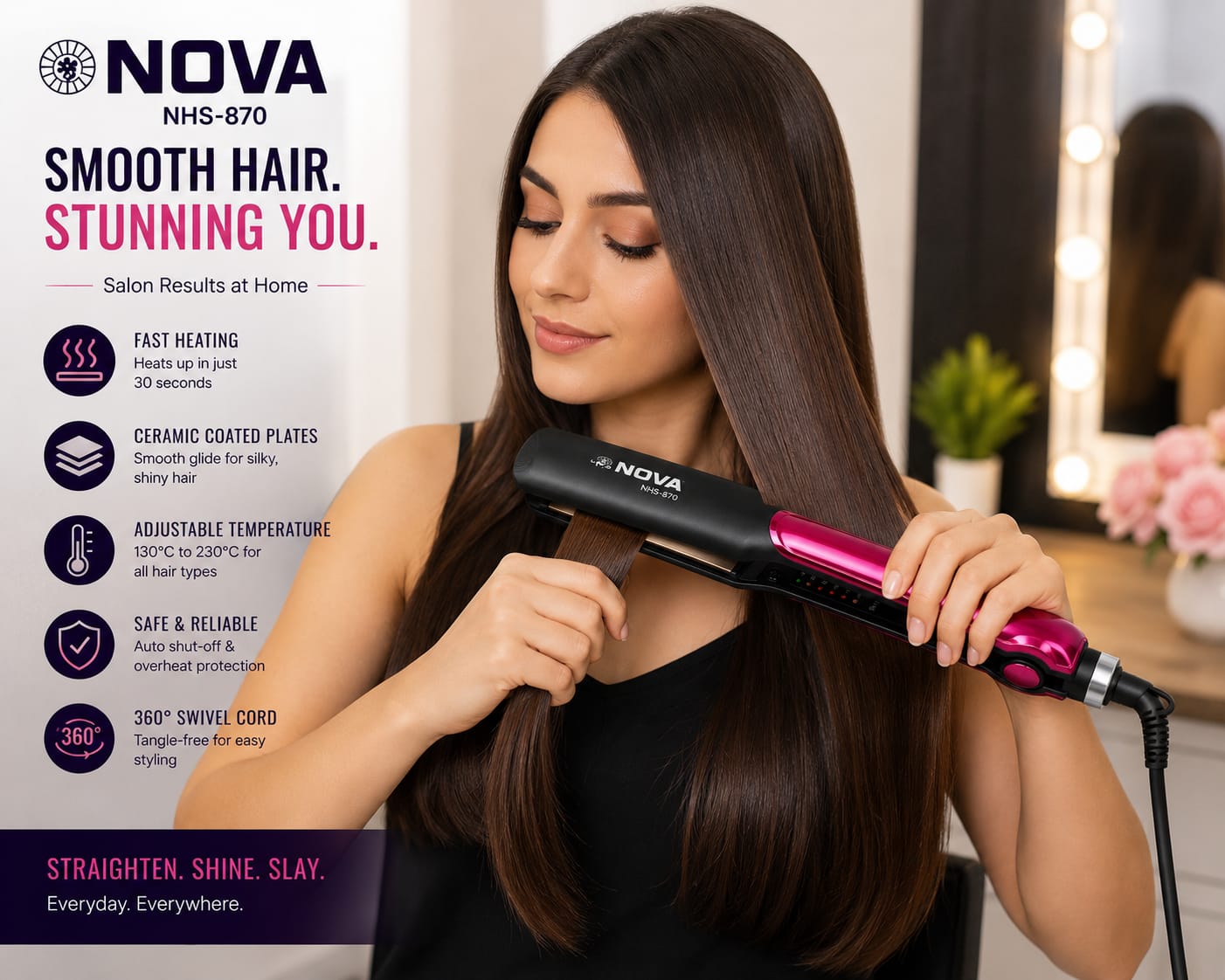Nova NHS-870 Professional Hair Straightener | Adjustable Temperature 130°C–230°C | Ceramic Coated Plates | Salon Quality Styling