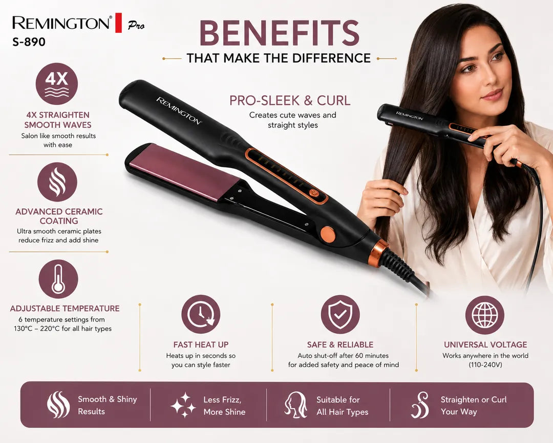 Remington Pro S-890 Hair Straightener & Curler Ceramic Coated Plates