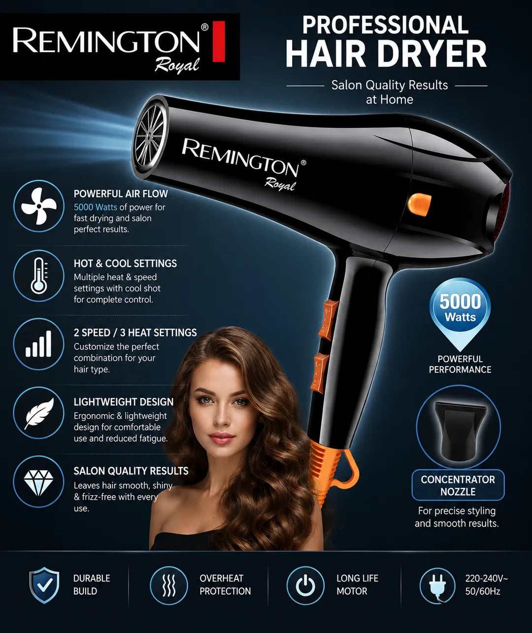 Remington D-6005 Professional Hair Dryer 5000W Standard Size