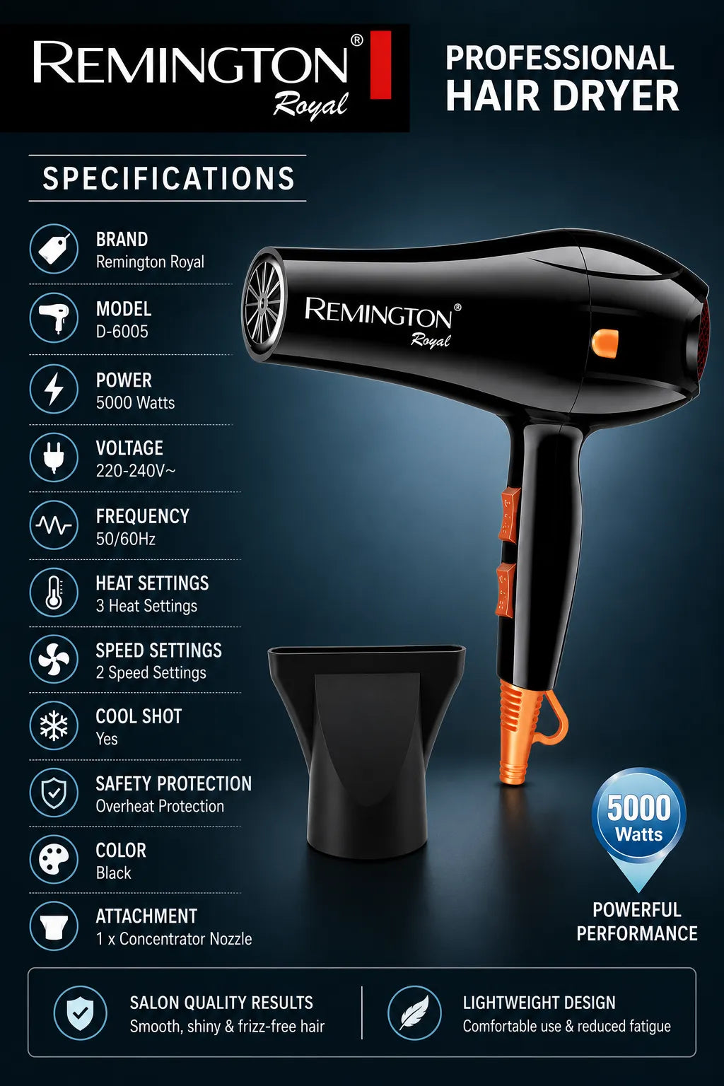 Remington D-6005 Professional Hair Dryer 5000W Standard Size