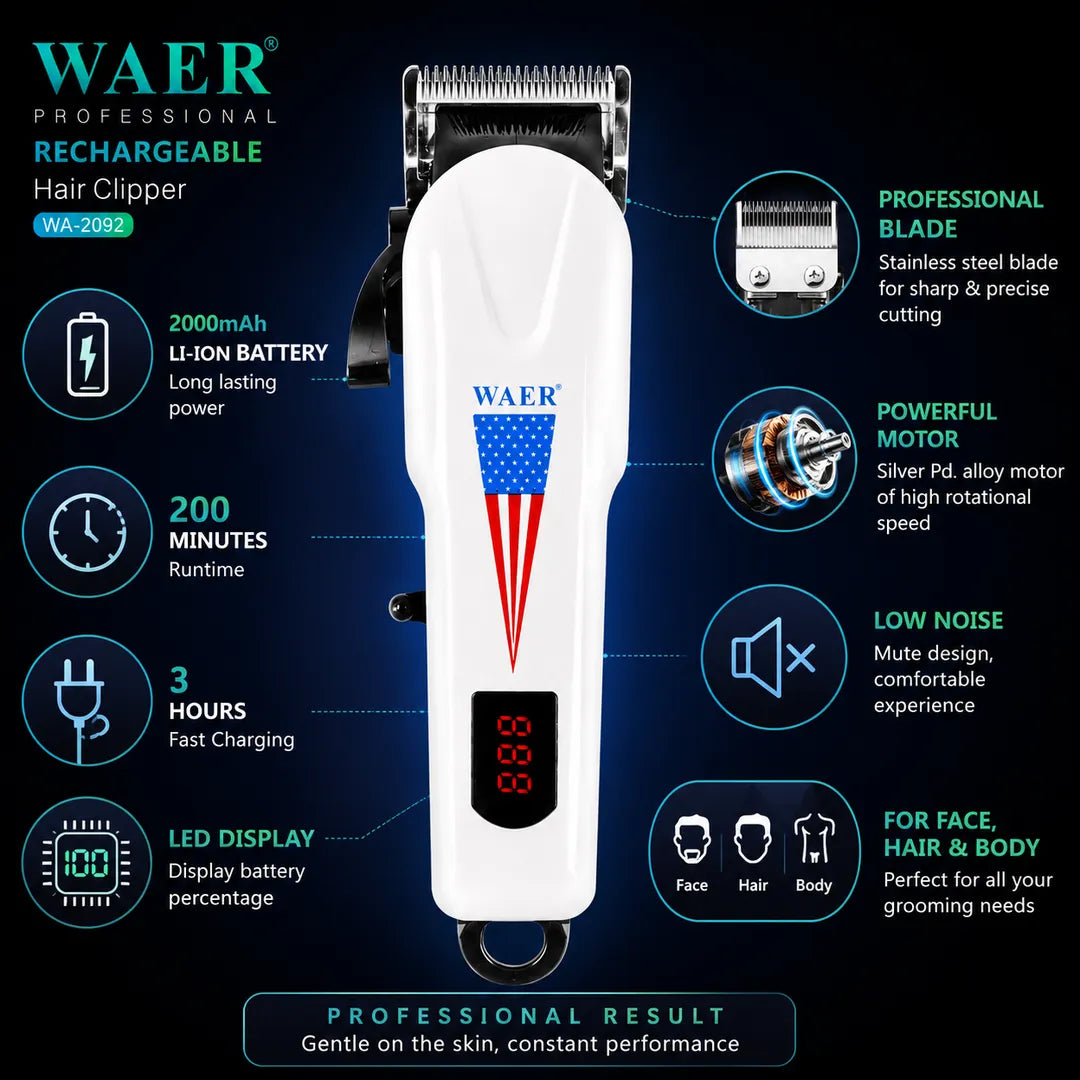 WAER WA-2092 Professional Rechargeable Hair Clipper with LED Display
