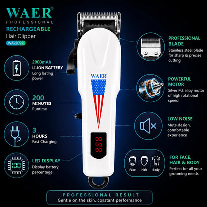 WAER WA-2092 Professional Rechargeable Hair Clipper with LED Display