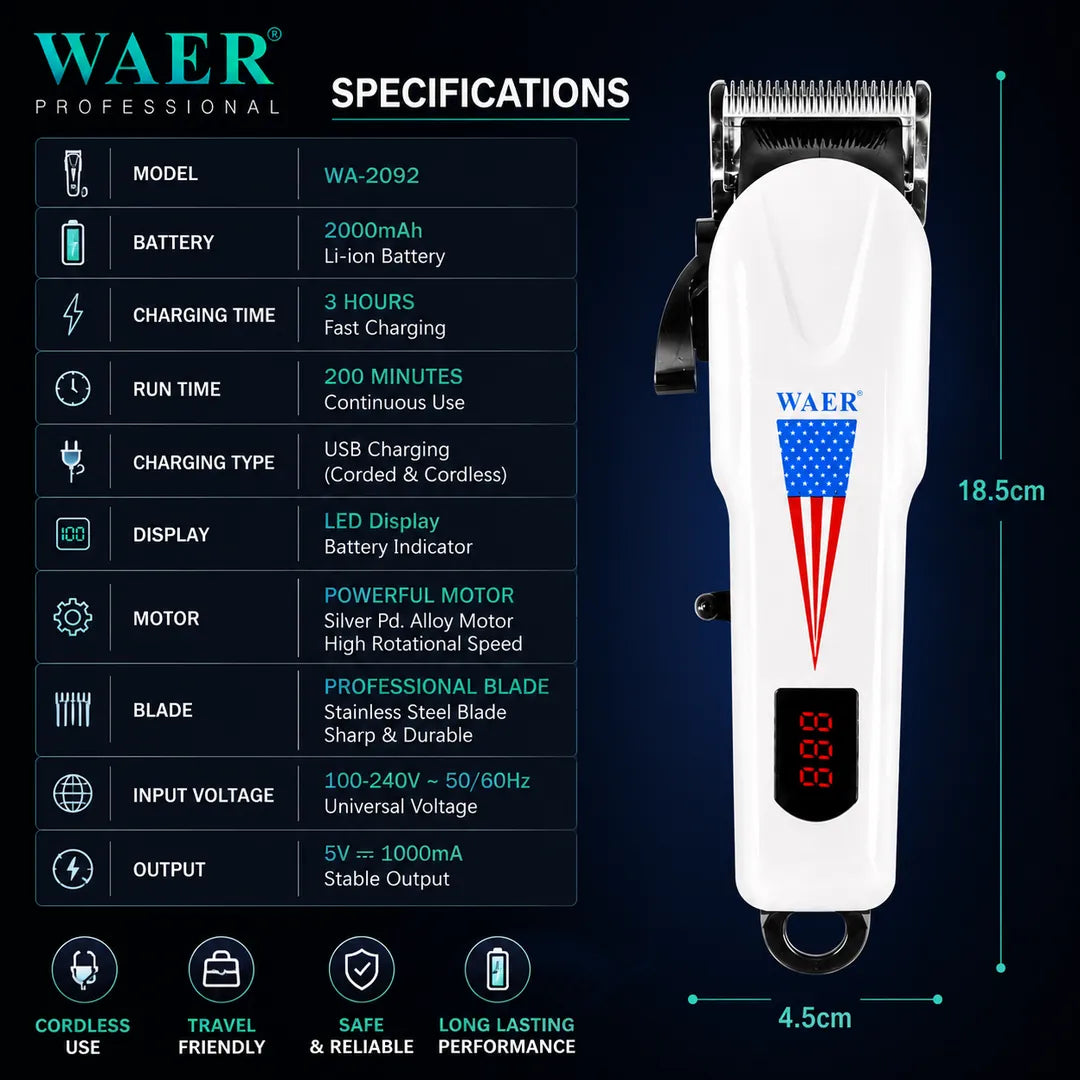 WAER WA-2092 Professional Rechargeable Hair Clipper with LED Display