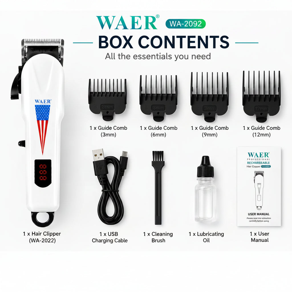 WAER WA-2092 Professional Rechargeable Hair Clipper with LED Display