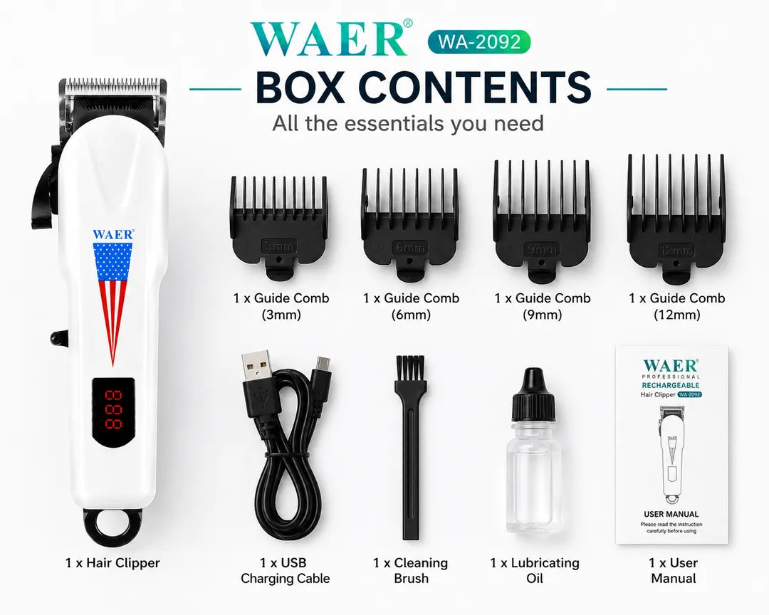 WAER WA-2092 Professional Rechargeable Hair Clipper with LED Display