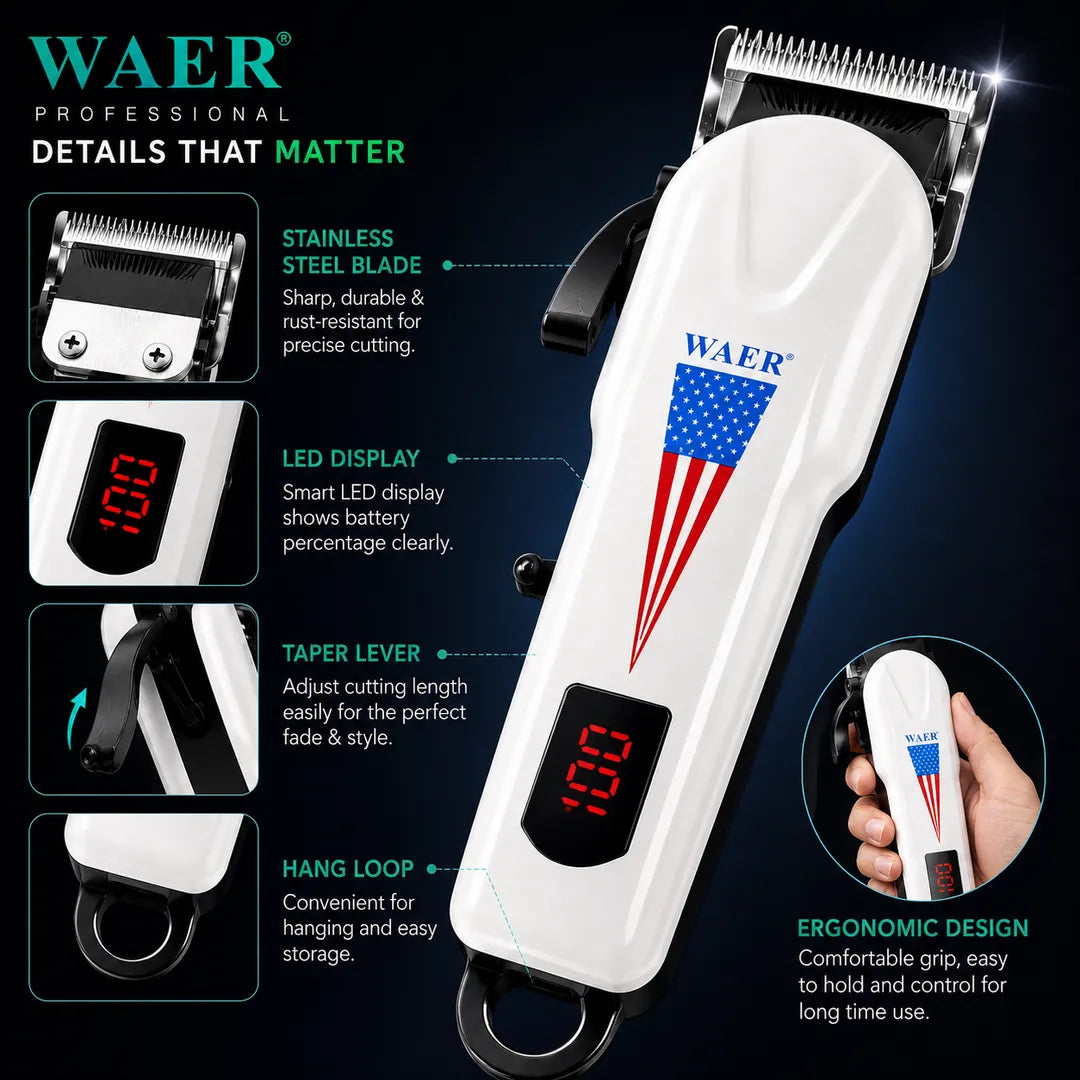 WAER WA-2092 Professional Rechargeable Hair Clipper with LED Display