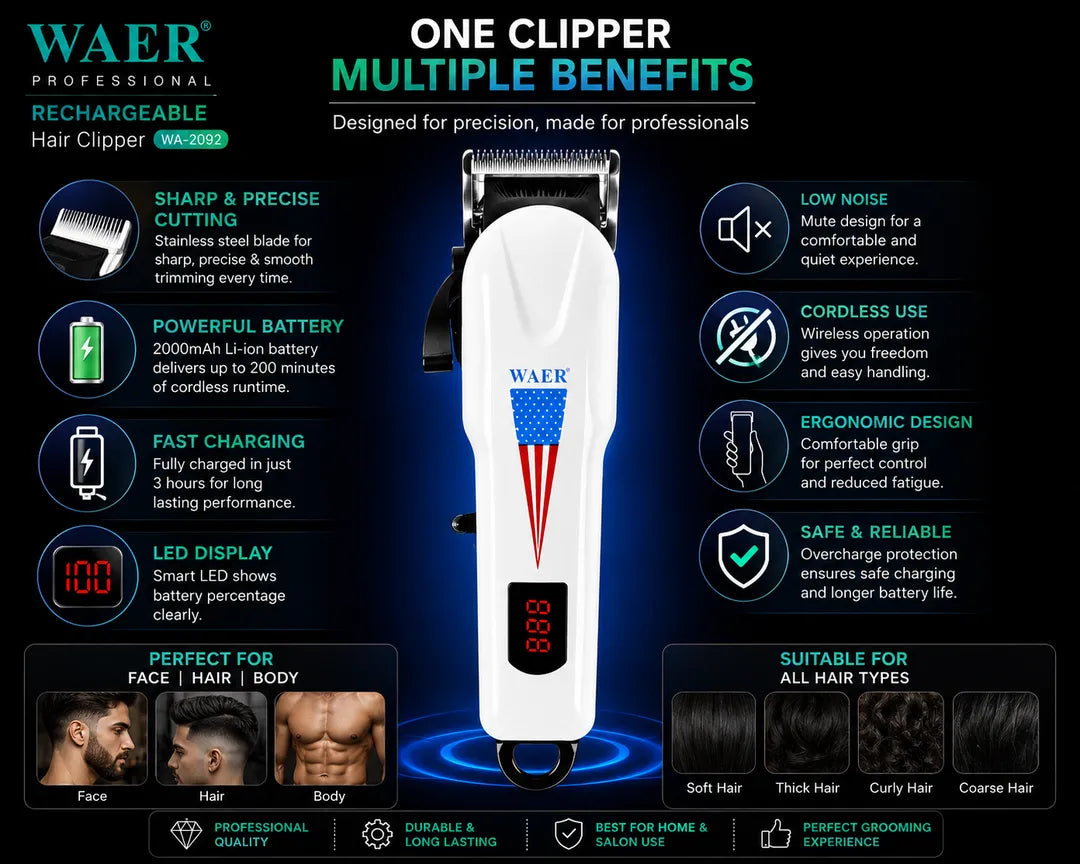 WAER WA-2092 Professional Rechargeable Hair Clipper with LED Display