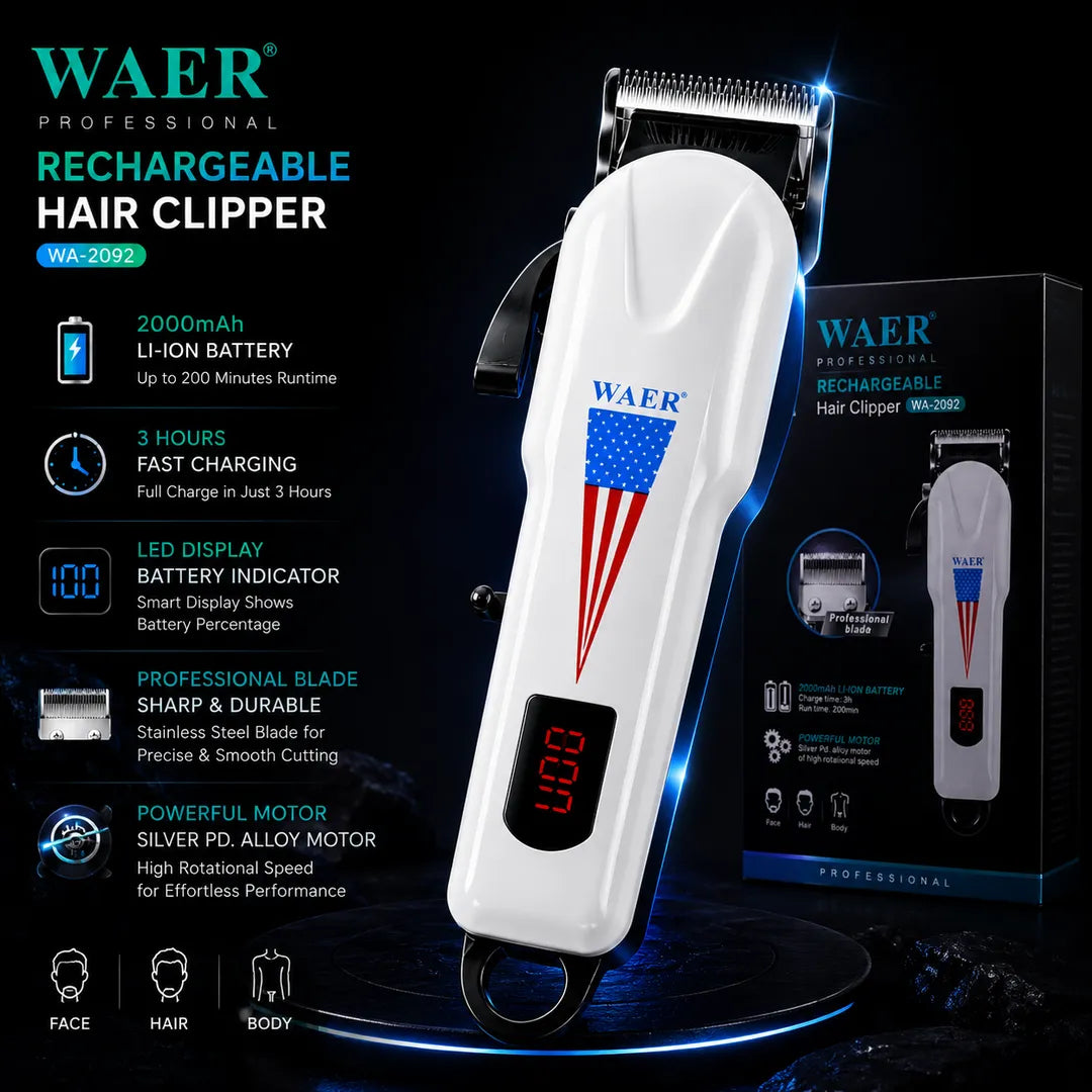 WAER WA-2092 Professional Rechargeable Hair Clipper with LED Display
