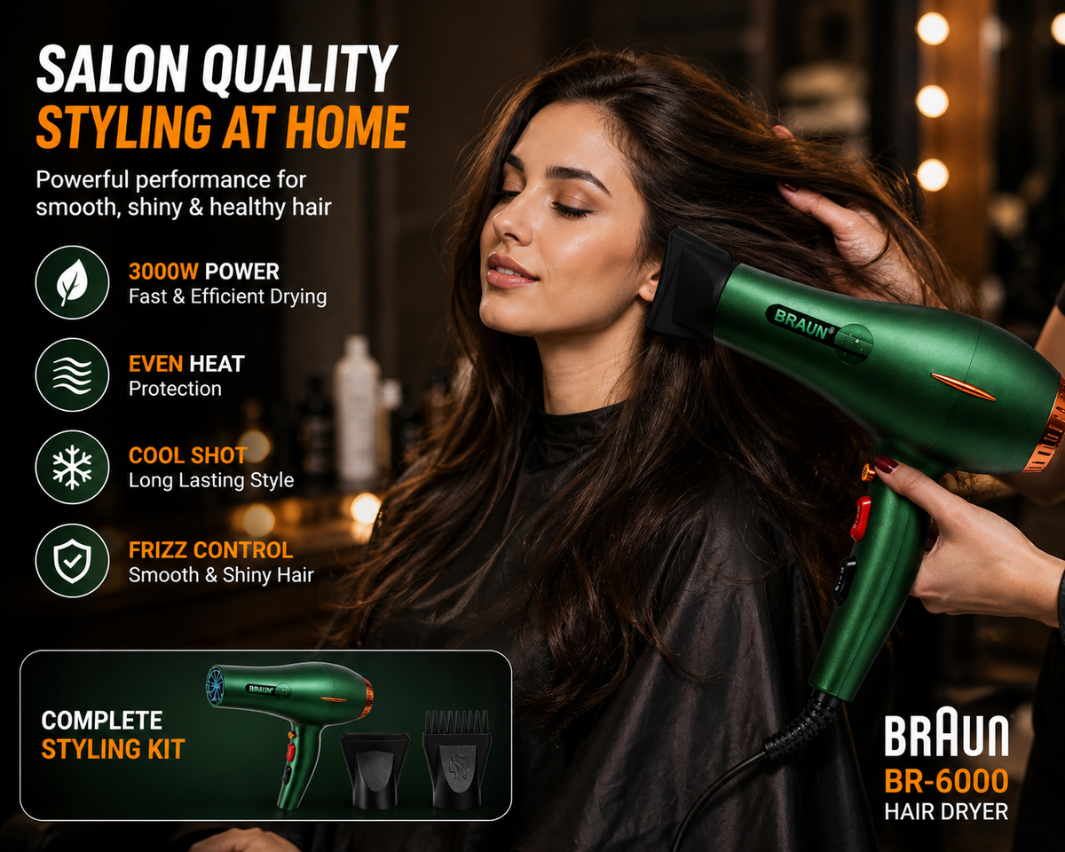 BRAUN BR-6000 3000W Professional Hair Dryer – 3-in-1 Styling Kit
