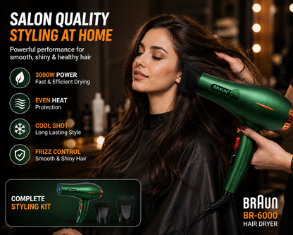 BRAUN BR-6000 3000W Professional Hair Dryer – 3-in-1 Styling Kit