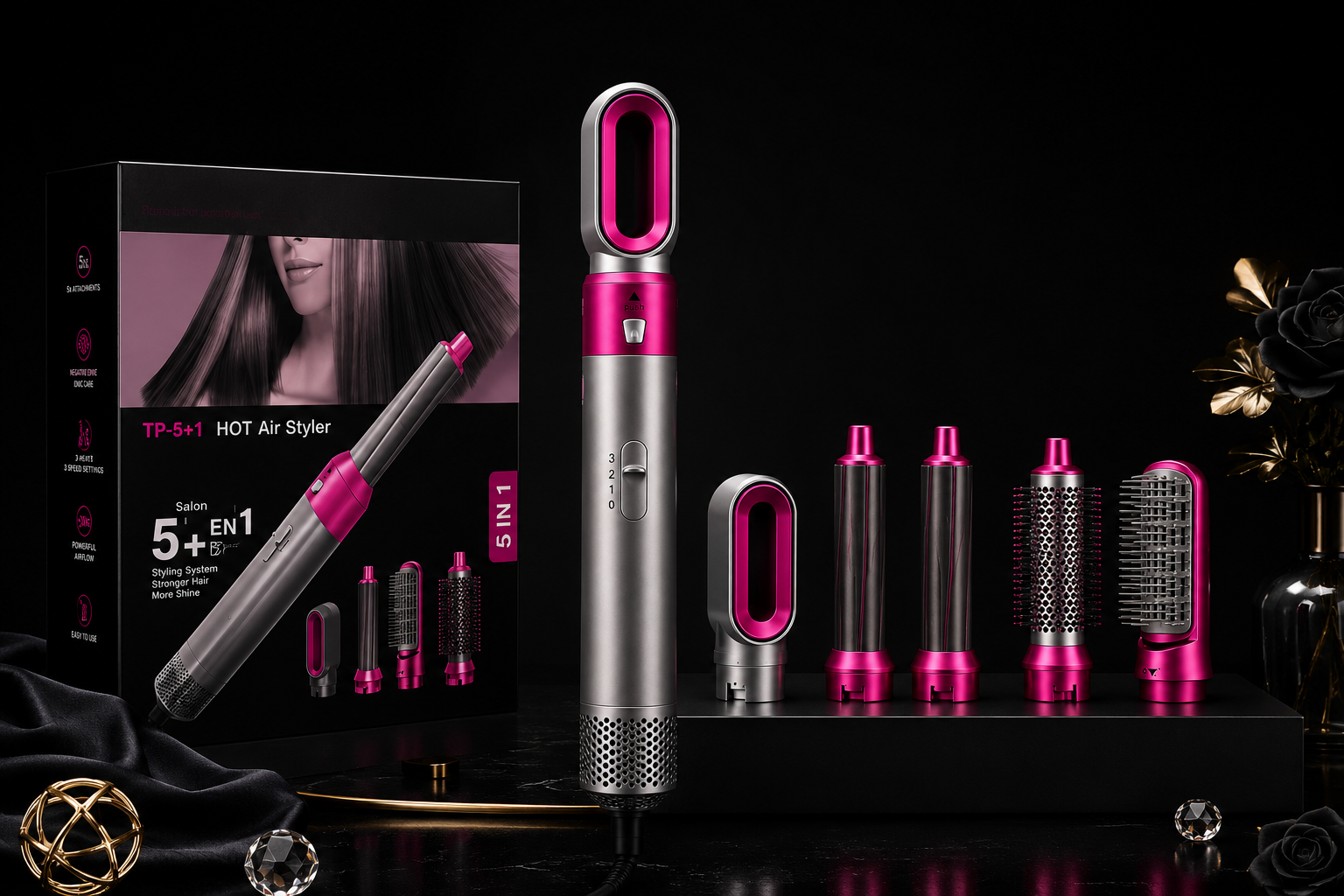 5 in 1 Hot Air Styler Blow Dryer Brush, Automatic Hair Curler, Hair Straightener, Negative Ionic Hair Dryer Brush with 5 Attachments for Styling & Volumizing