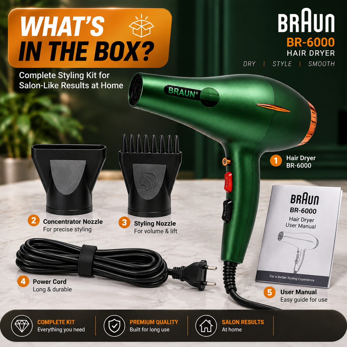 BRAUN BR-6000 3000W Professional Hair Dryer – 3-in-1 Styling Kit