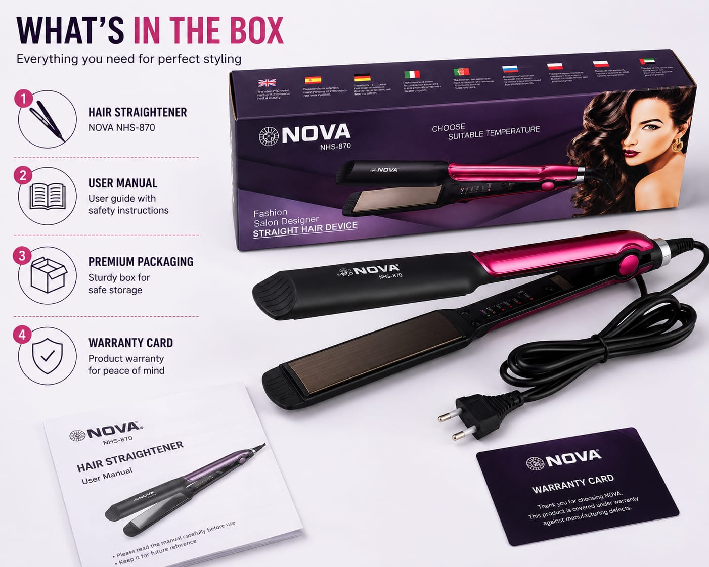 Nova NHS-870 Professional Hair Straightener | Adjustable Temperature 130°C–230°C | Ceramic Coated Plates | Salon Quality Styling