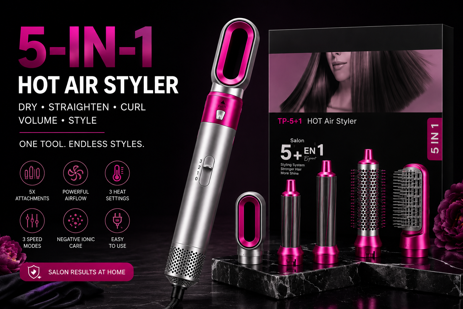 5 in 1 Hot Air Styler Blow Dryer Brush, Automatic Hair Curler, Hair Straightener, Negative Ionic Hair Dryer Brush with 5 Attachments for Styling & Volumizing