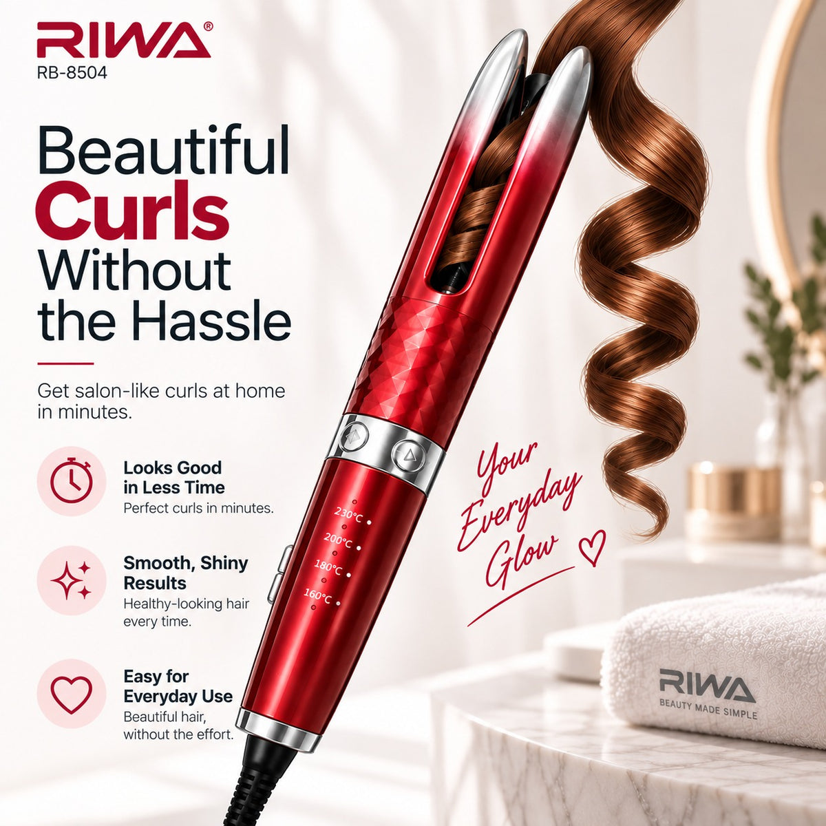RIWA RB Automatic Hair Curler creating a defined curl for an everyday hairstyle.