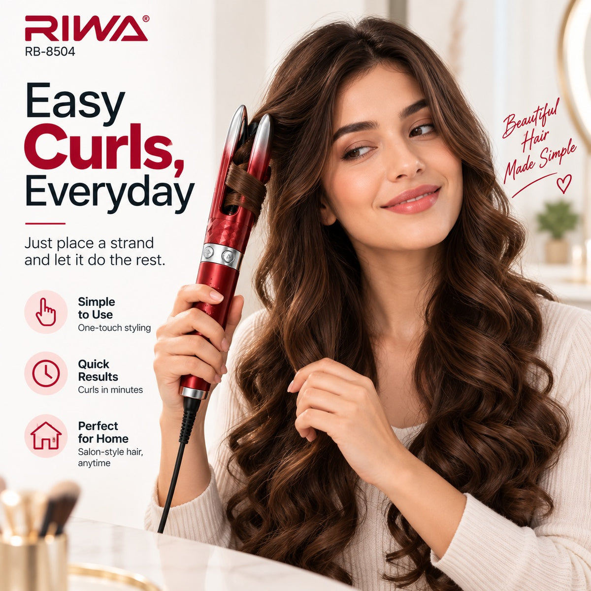 Woman using the RIWA RB Automatic Hair Curler to create curls at home