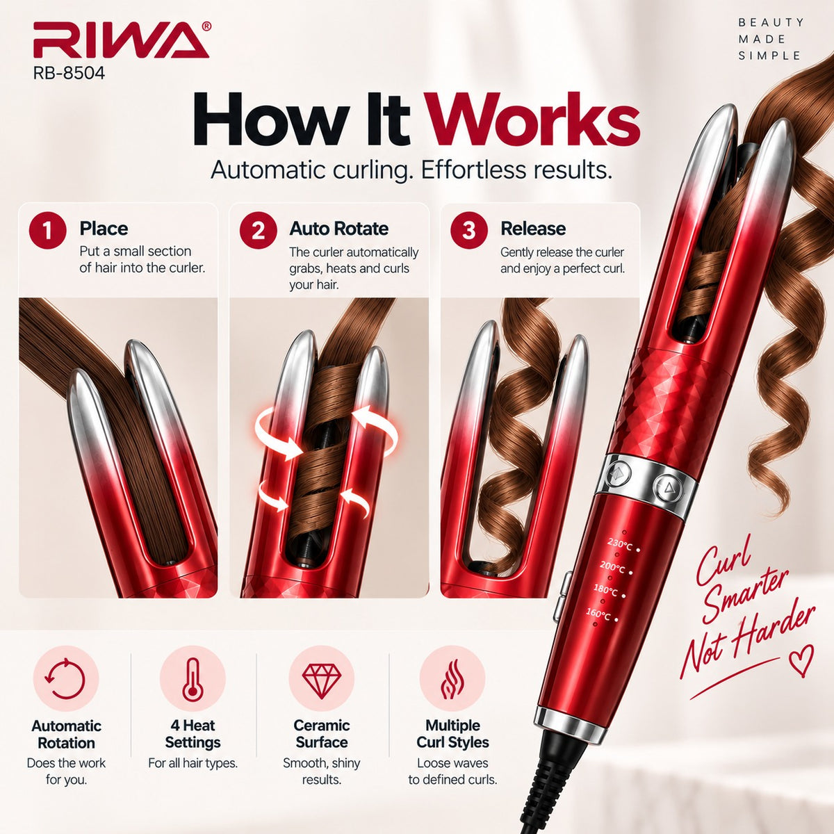RIWA RB Automatic Hair Curler showing how to place hair, use automatic rotation and release the curl