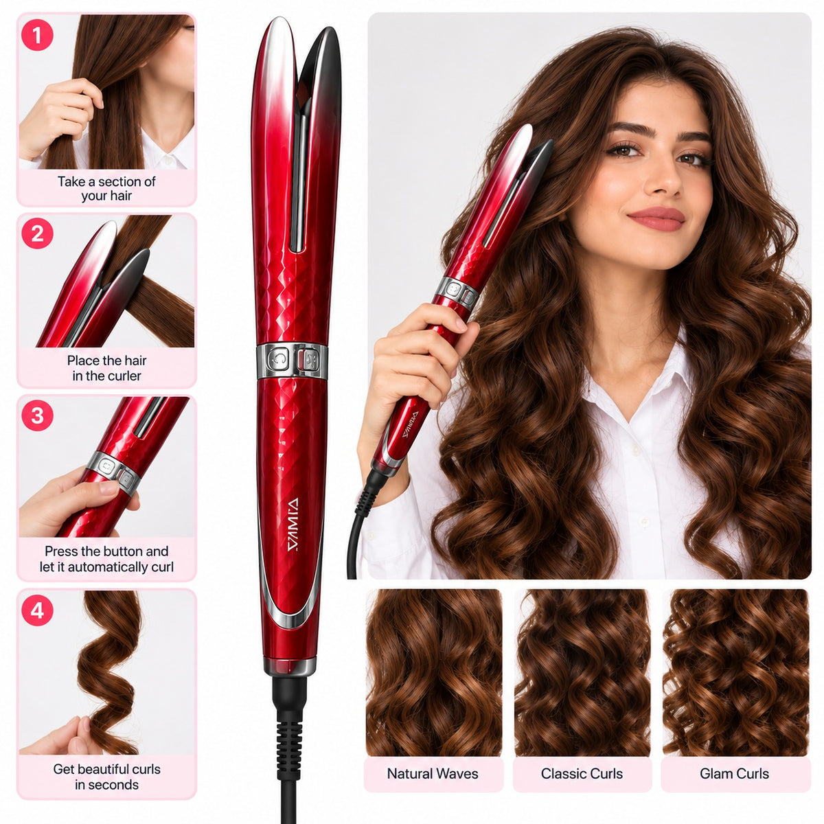 Red RIWA RB-8504 automatic hair curler with a four-step styling guide and examples of natural waves, classic curls and glam curls.
