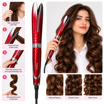 Red RIWA RB-8504 automatic hair curler with a four-step styling guide and examples of natural waves, classic curls and glam curls.