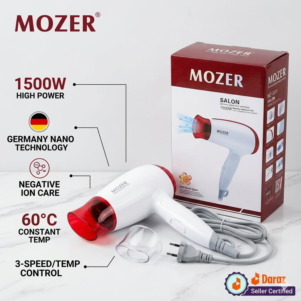 MOZER Professional Hair Dryer 1500W - Germany Nano Technology MZ-3301 - Salon Grade High Power Blow Dryer with Negative Ion Care & Constant Temperature