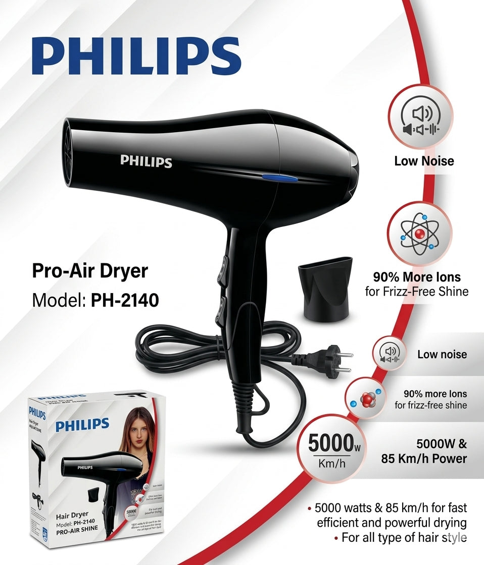 High Quality Pro-Air Hair Dryer PH-2140 | 5000W High Power | Low Noise | Frizz-Free Shine | Fast & Professional Drying