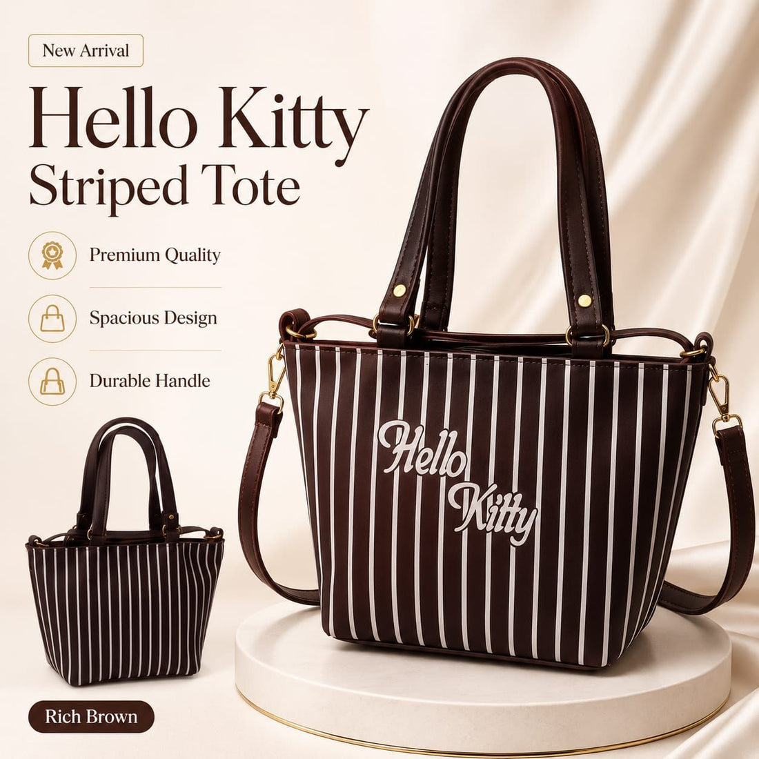 Hello Kitty Striped Tote Bag for Girls & Women – Cute Stylish Handbag with Long Shoulder Strap