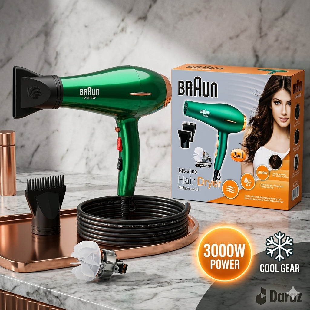 Braun BR-6000 Professional Heavy Duty Hair Dryer - 3000W High Power Salon Quality Blow Dryer with 3-in-1 Styling Nozzles - Emerald Green