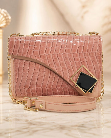 Graceful Fashionable Women Handbag – Crocodile Texture Shoulder Bag with Long Chain Strap – 8x5 Inches