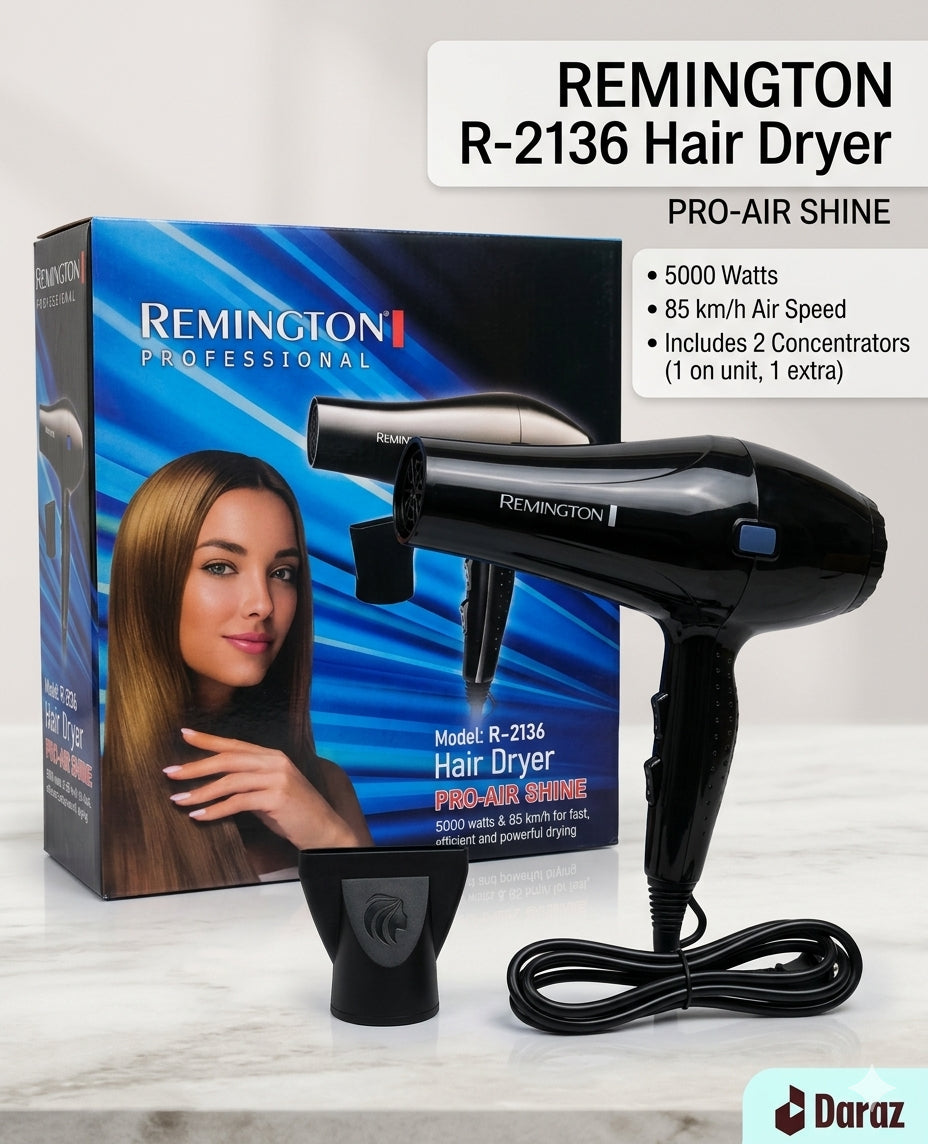 Professional R-2136 Hair Dryer – 5000 Watts Super Powerful Motor & Pro-Air Shine Technology for Frizz-Free Finish – Includes 2 Stylist Concentrators – Ultra Fast 85 km/h Air Flow