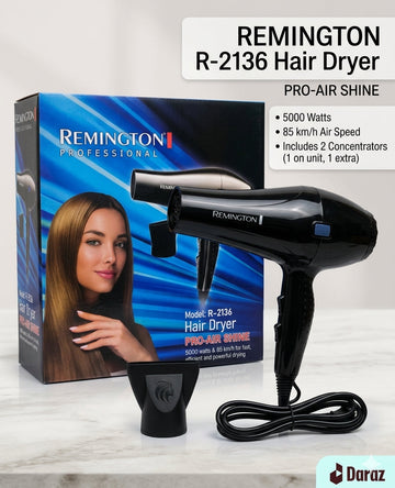 Professional R-2136 Hair Dryer – 5000 Watts Super Powerful Motor & Pro-Air Shine Technology for Frizz-Free Finish – Includes 2 Stylist Concentrators – Ultra Fast 85 km/h Air Flow