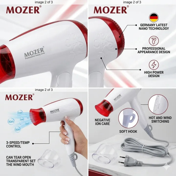 MOZER Professional Hair Dryer 1500W - Germany Nano Technology MZ-3301 - Salon Grade High Power Blow Dryer with Negative Ion Care & Constant Temperature