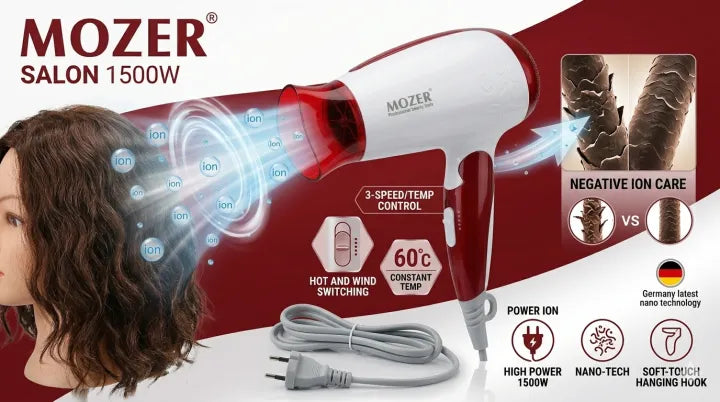 MOZER Professional Hair Dryer 1500W - Germany Nano Technology MZ-3301 - Salon Grade High Power Blow Dryer with Negative Ion Care & Constant Temperature