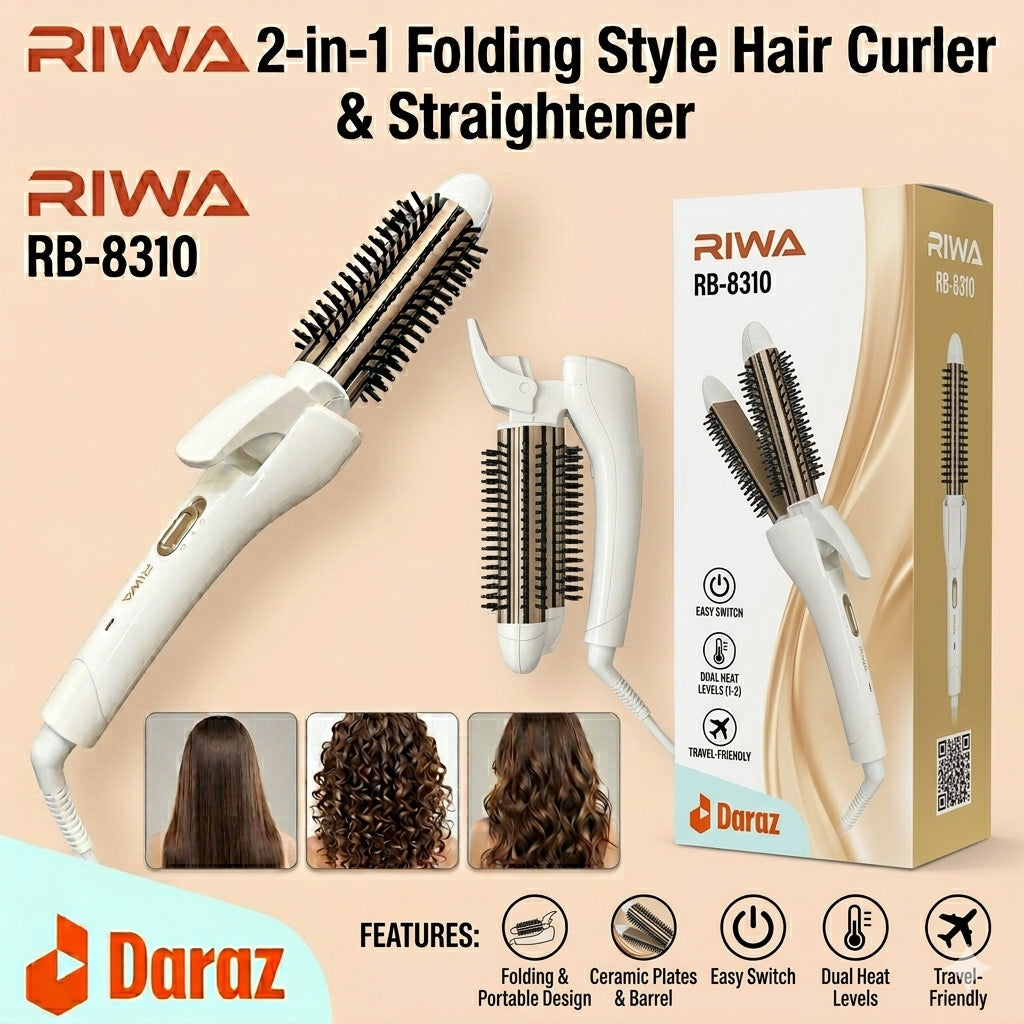 RIWA 2-in-1 Hair Straightener & Curler (RB-8310) – Ionic Ceramic Professional Hair Styler, Electric PTC Fast Heating, Anti-Scald Comb, Travel Portable Styler with Auto-Off