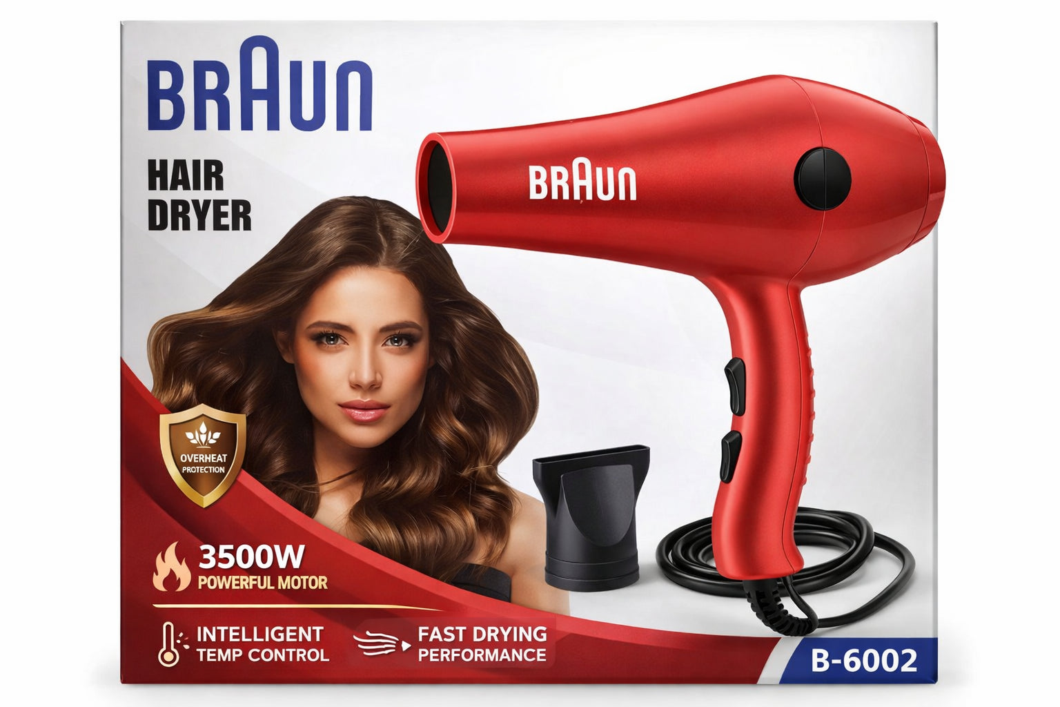 Braun Hair Dryer 3500W Red | Intelligent Temperature Control | Fast Drying & Overheat Protection | Model B-6002