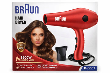 Braun Hair Dryer 3500W Red | Intelligent Temperature Control | Fast Drying & Overheat Protection | Model B-6002