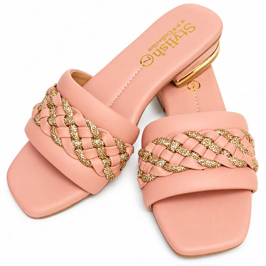 Women's Braided Embellished Flat Slides - Square Toe Low Heel Sandal - Pink