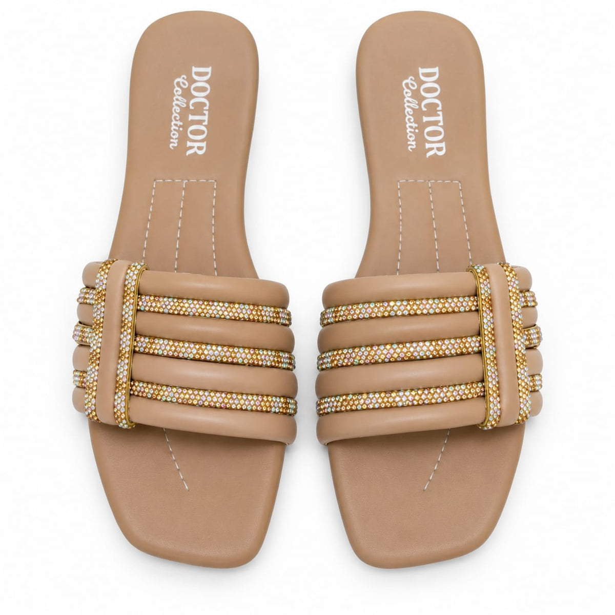 DOCTOR Collection Beige Fancy Slider - Comfortable Soft Sole with Golden Rhinestone Work | Eid & Casual Wear For Women
