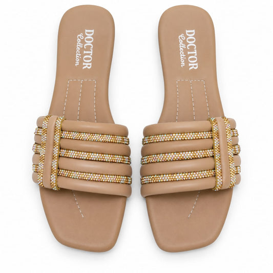 DOCTOR Collection Beige Fancy Slider - Comfortable Soft Sole with Golden Rhinestone Work | Eid & Casual Wear For Women