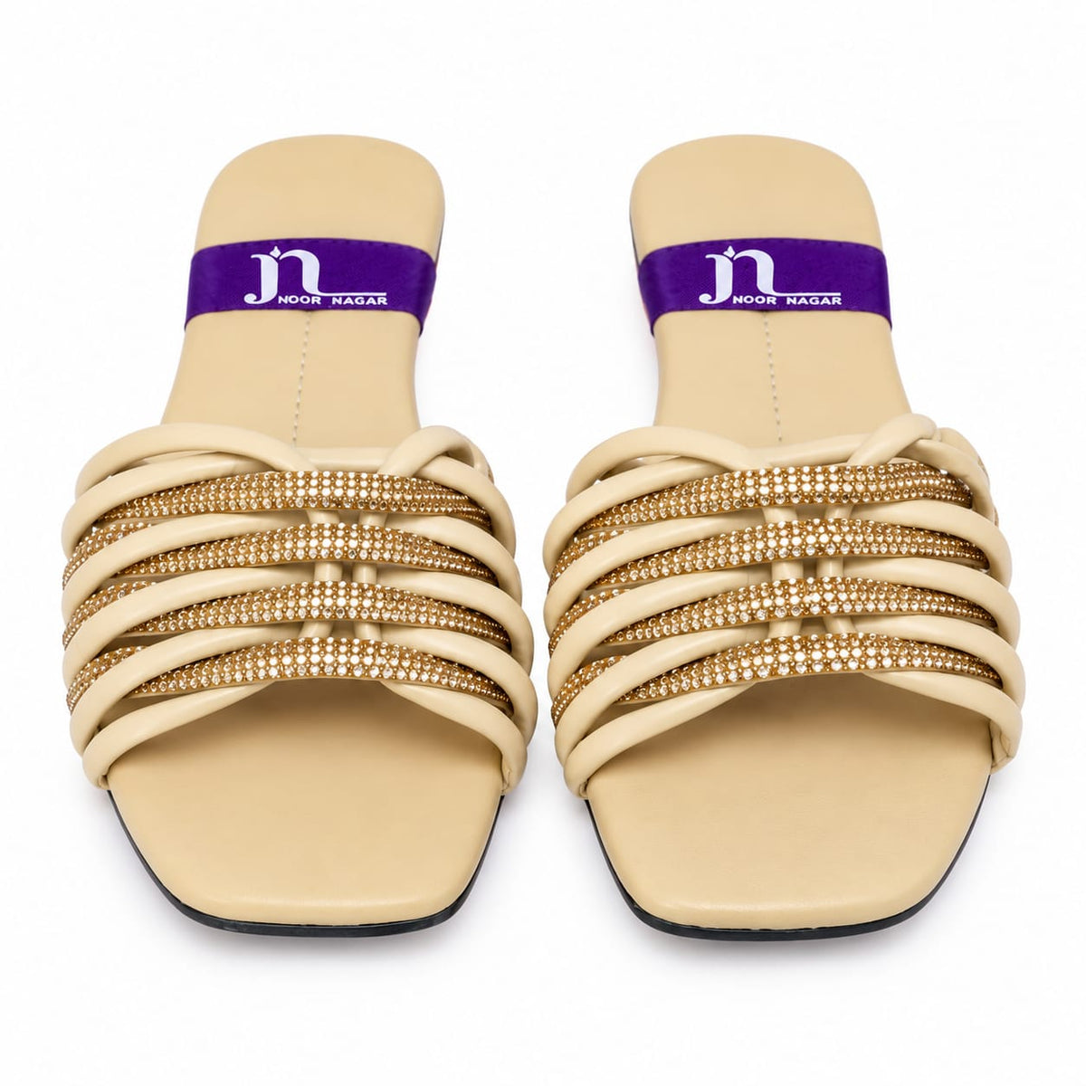 Joota Nagar - Beige Crystal Embellished Flat Slides