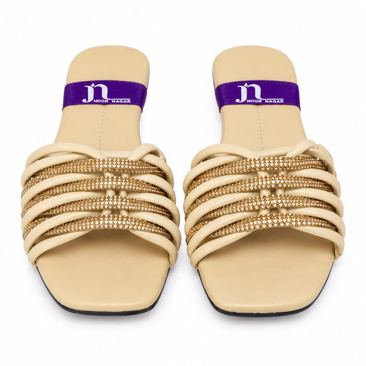 Joota Nagar - Beige Crystal Embellished Flat Slides