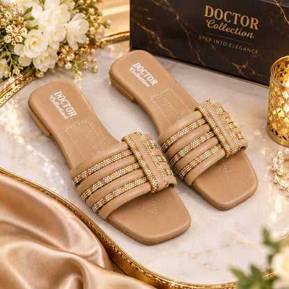 DOCTOR Collection Beige Fancy Slider - Comfortable Soft Sole with Golden Rhinestone Work | Eid & Casual Wear For Women